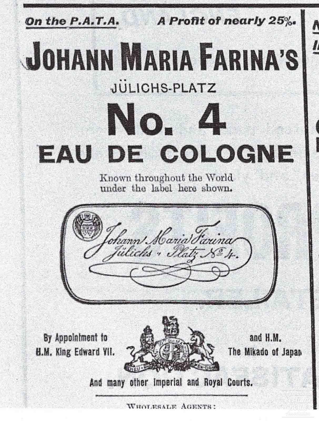 "No. 4 Eau de Cologne" by Farina Advertisement  - 1906