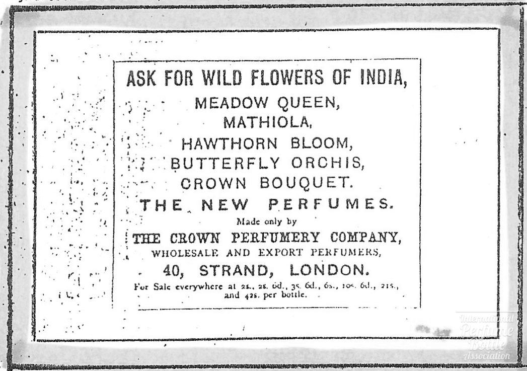 "Wild Flowers of India" by Crown Perfumery Co. Advertisement - 1872