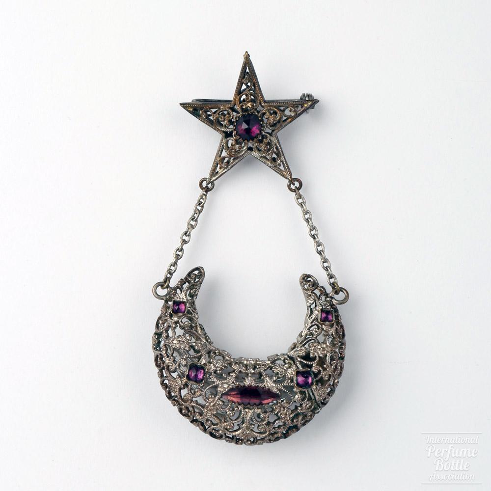 Silver Filigree Moon and Star Brooch